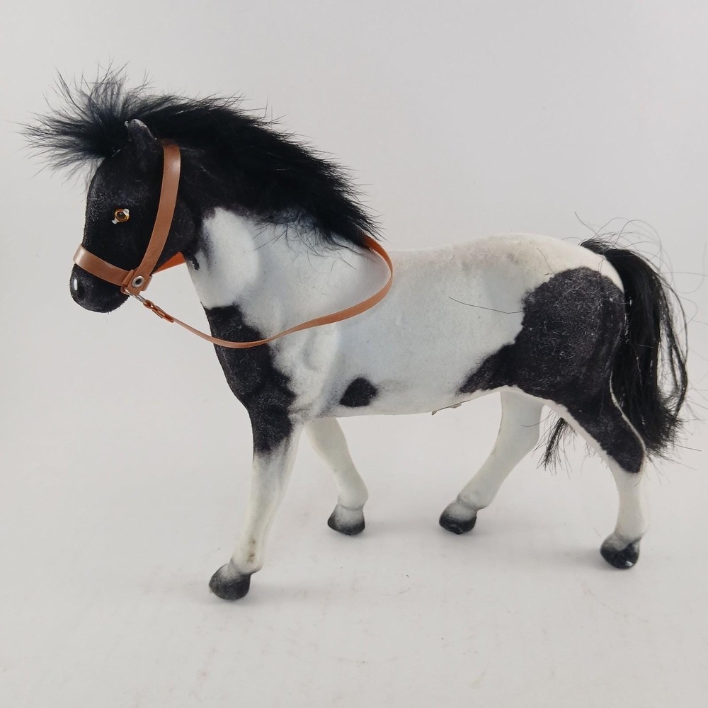 Toy Flocked Horse Painted Pony Paint Horse Fuzzy Mane Tail Black White 7" Vtg